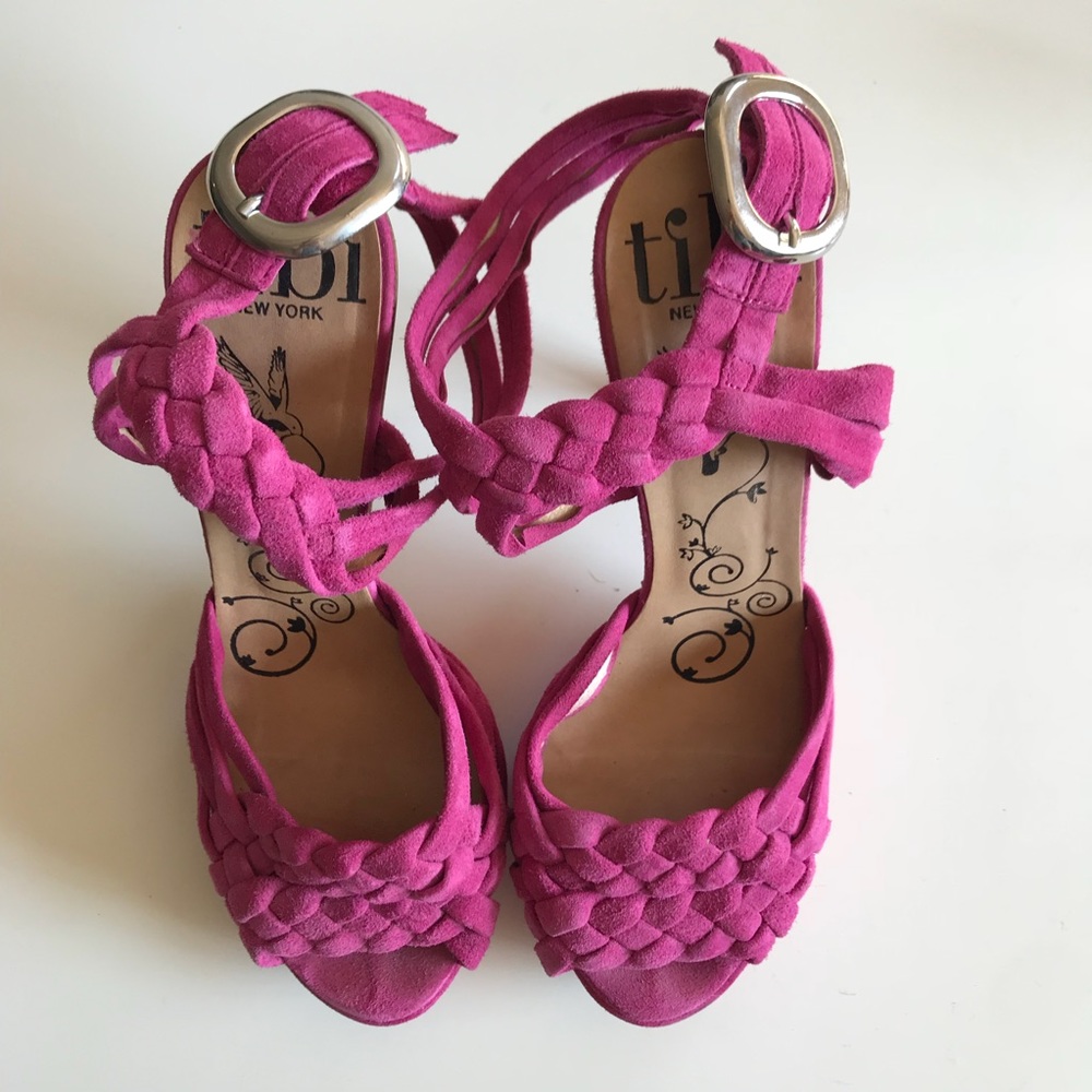 Tibi pink suede braided sandals with wooden heel